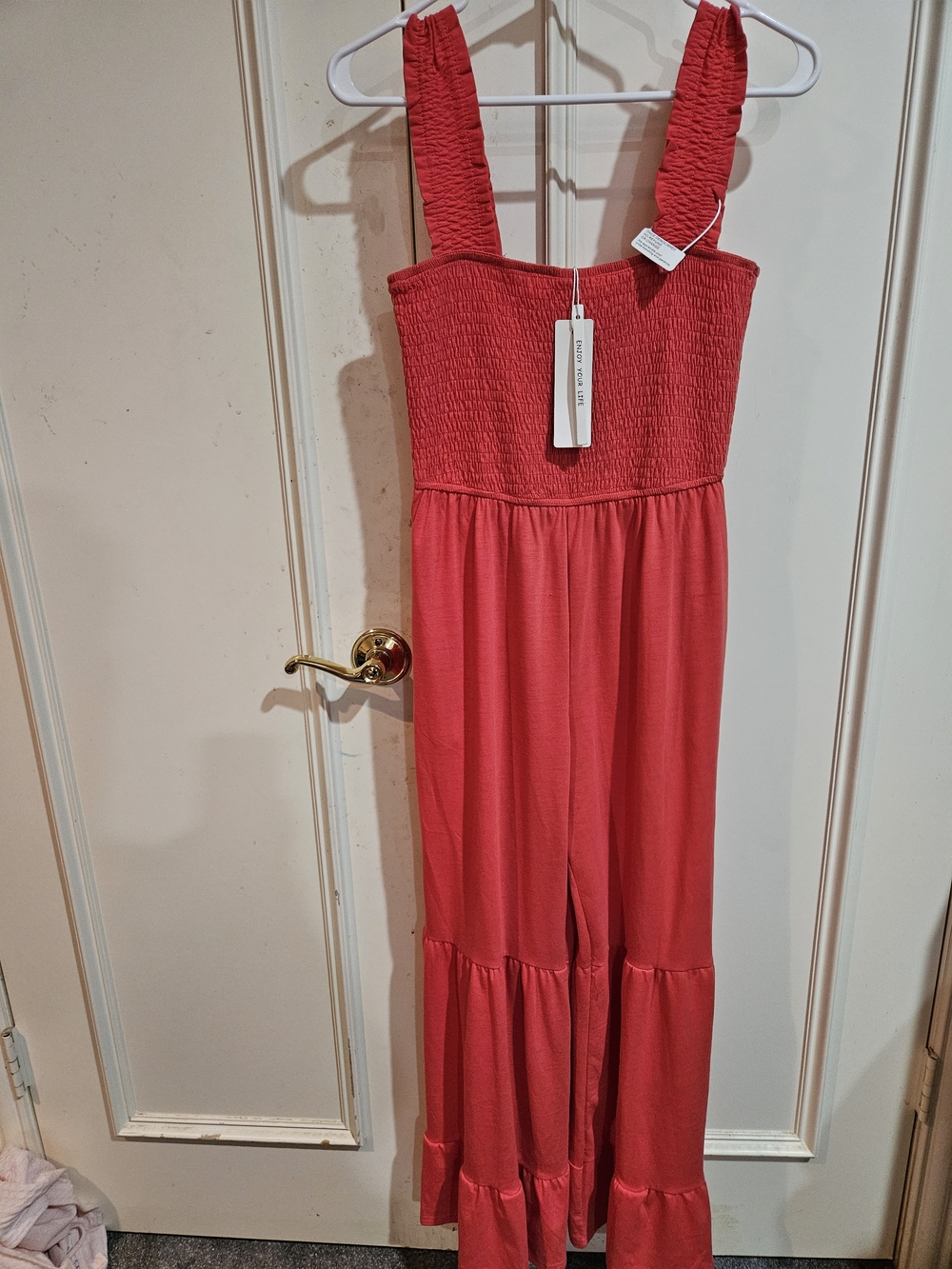 Smocked Strap Red Jumpsuit